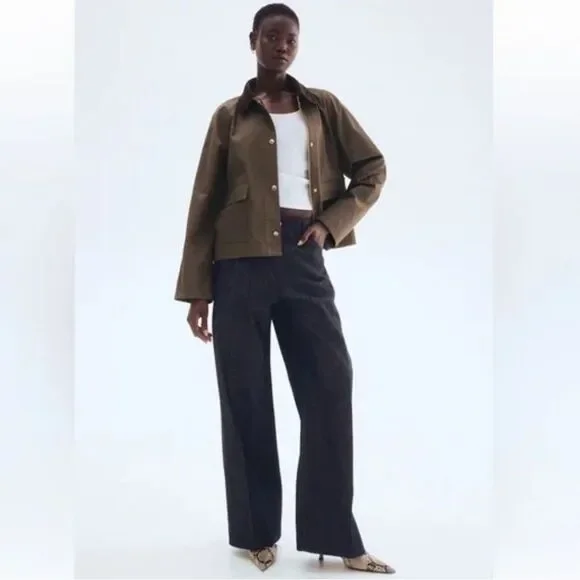 H&M Olive army Green oversized barn jacket corduroy collar - Picture 3 of 10